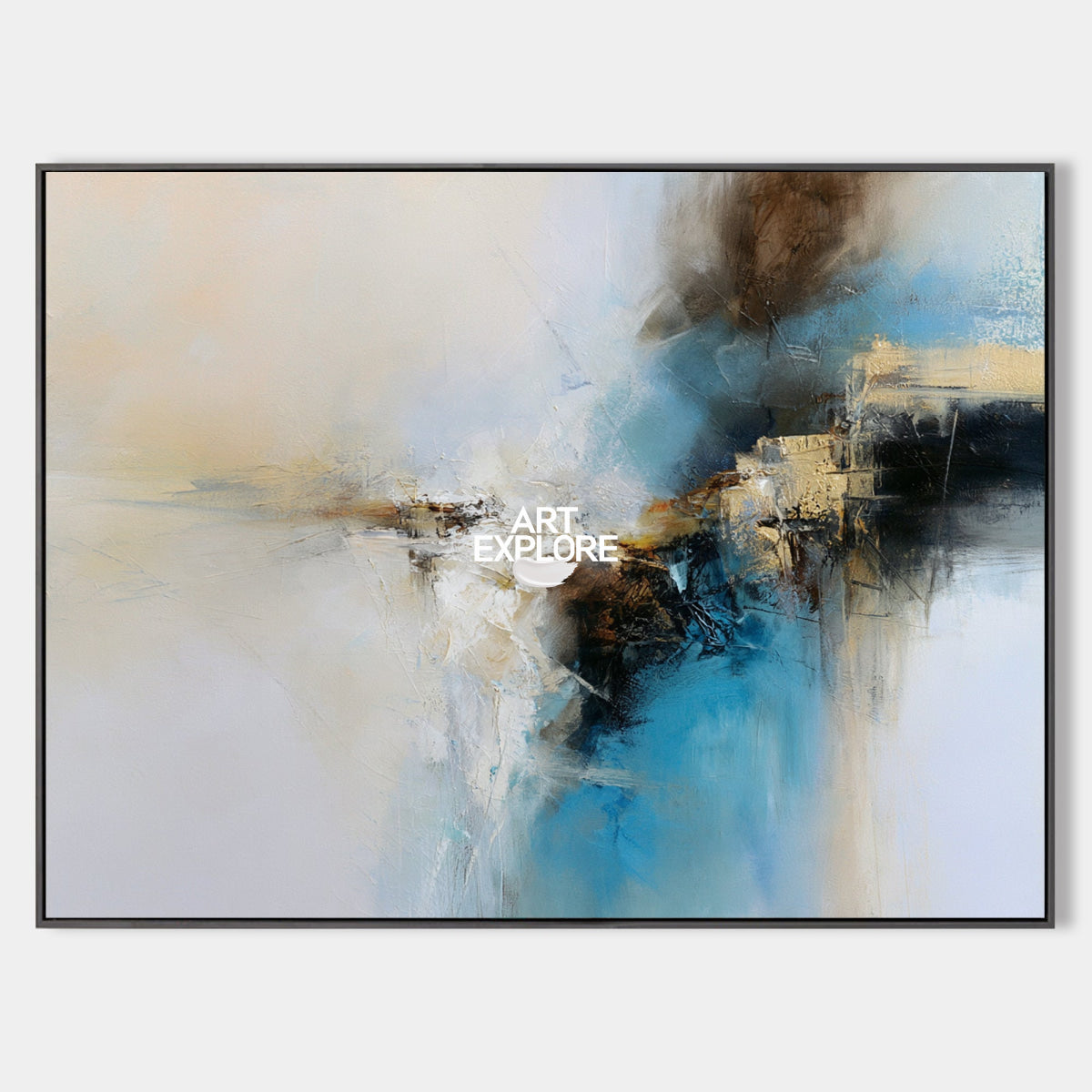 Abstract Blue And White Canvas Painting With Brown Accents For Modern Decor