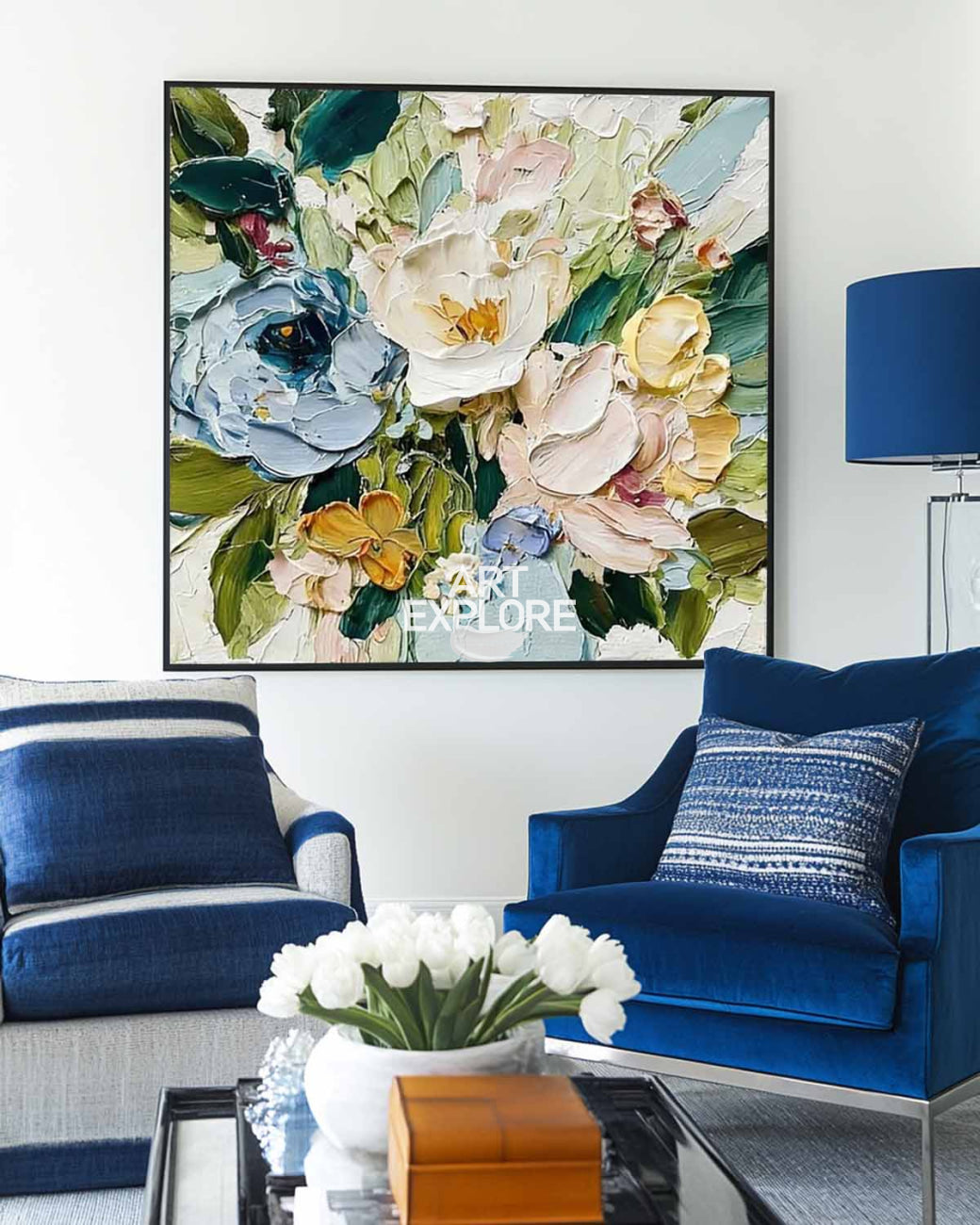 Large Abstract Blue Flower Canvas Art Handmade Modern Office Decor - ArtExplore