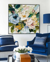 Large Abstract Blue Flower Canvas Art Handmade Modern Office Decor - ArtExplore