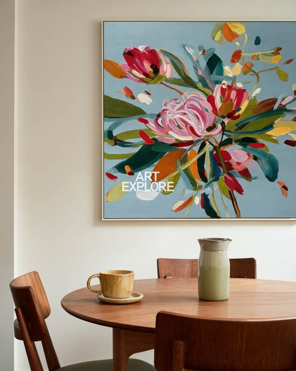 Large Abstract Blue Flower Wall Art Handmade Colorful Oil on Canvas - ArtExplore