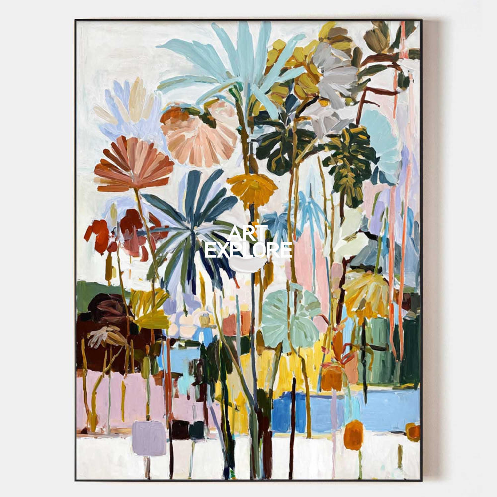 Large Abstract Botanical Painting, Colorful Floral Wall Art Colorful Palm Tree Wall Art | ArtExplore