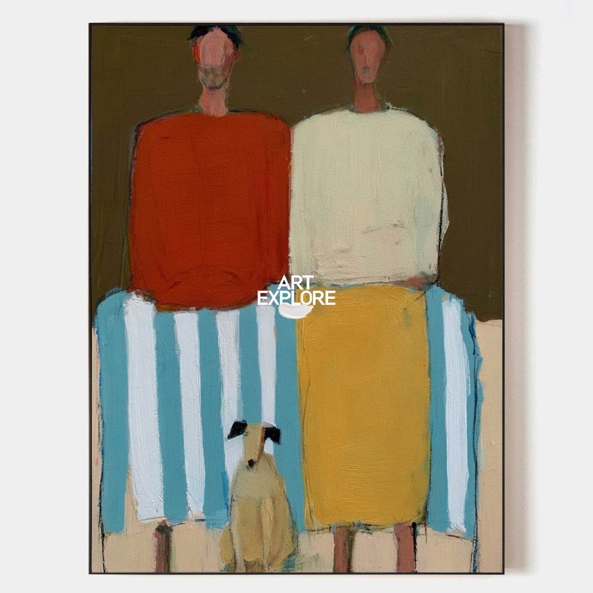 Abstract Couple And Dog Painting Hand-Painted Modern Canvas Art With Earth Tones