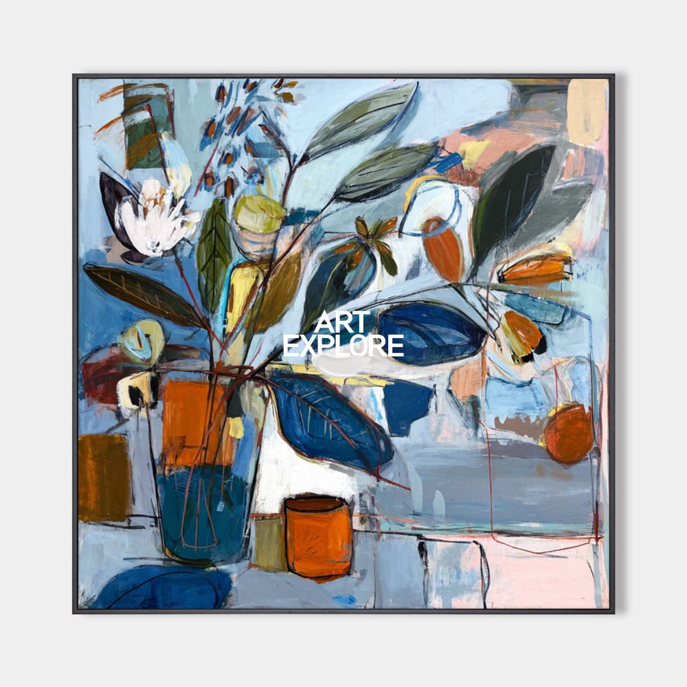 Large Abstract Floral Painting Modern Teal & Orange Botanical Art