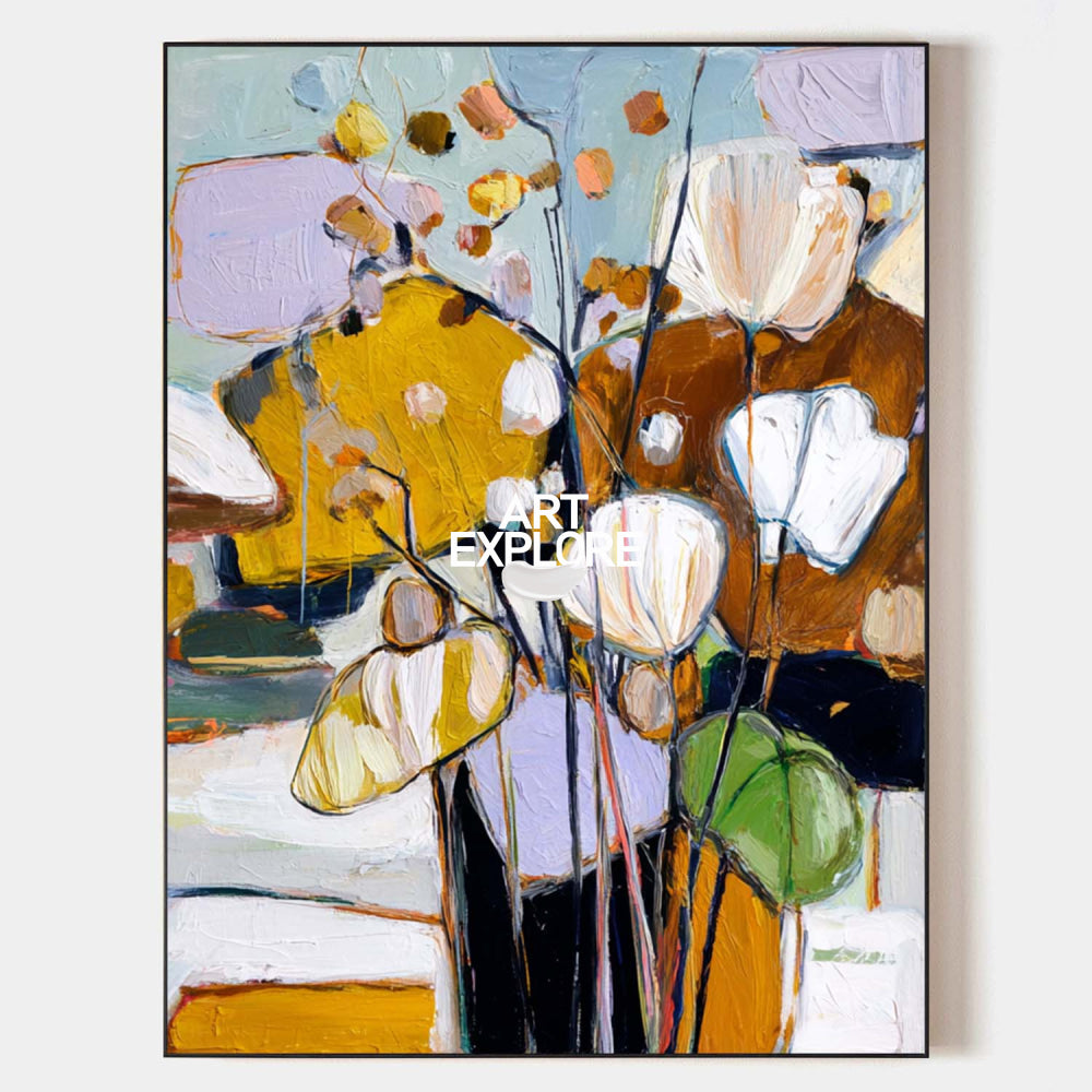Large Abstract Floral Painting Mustard Yellow & White Poppy Art