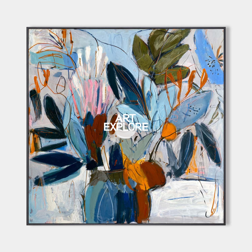 Large Abstract Floral Painting Sky Blue & Ochre Garden Wall Art