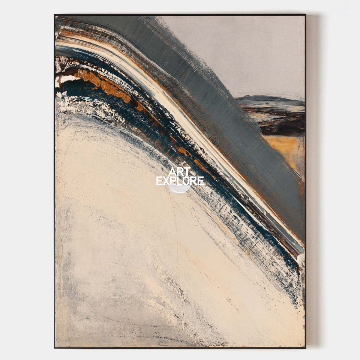 Abstract Grey And Beige Canvas Painting With Blue Accents For Modern Decor