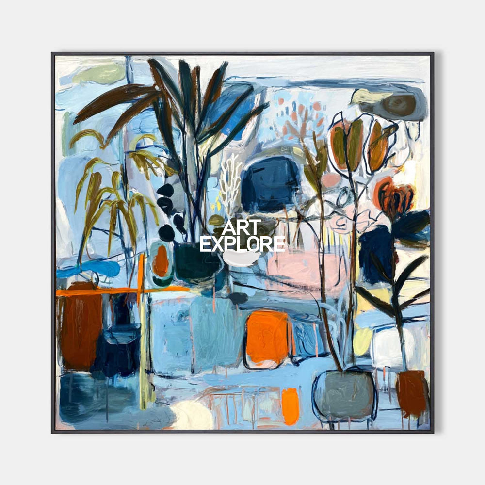Large Abstract Mixed Media Painting Blue & Orange Botanical Art