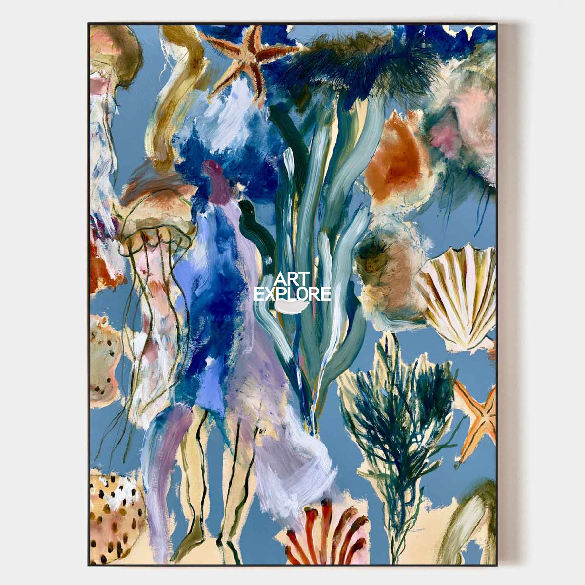Abstract Seascape Canvas Painting With Starfish And Shells In Blue Green Tones
