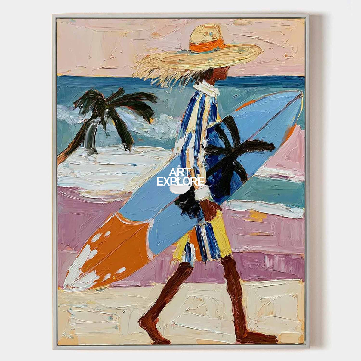 Abstract Surfer Painting Hand-Painted Beach Wall Art With Blue Orange Tones