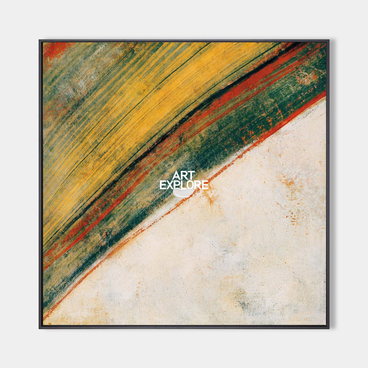 Abstract Yellow Green Canvas Painting With Red Lines For Modern Wall Art