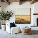 Large Village Autumn Field Painting Brown Countryside Vintage Wall Art Minimalist Wall Art For Sale