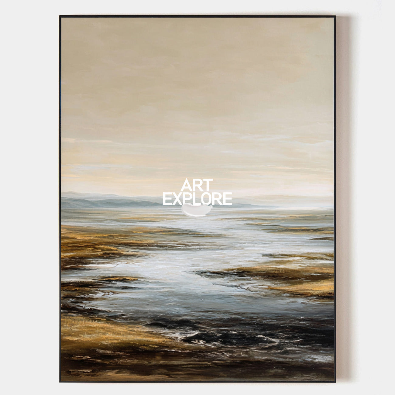 Large Beige Blue Lake Scenery Wall Art, Modern Minimalist Oil Painting | ArtExplore