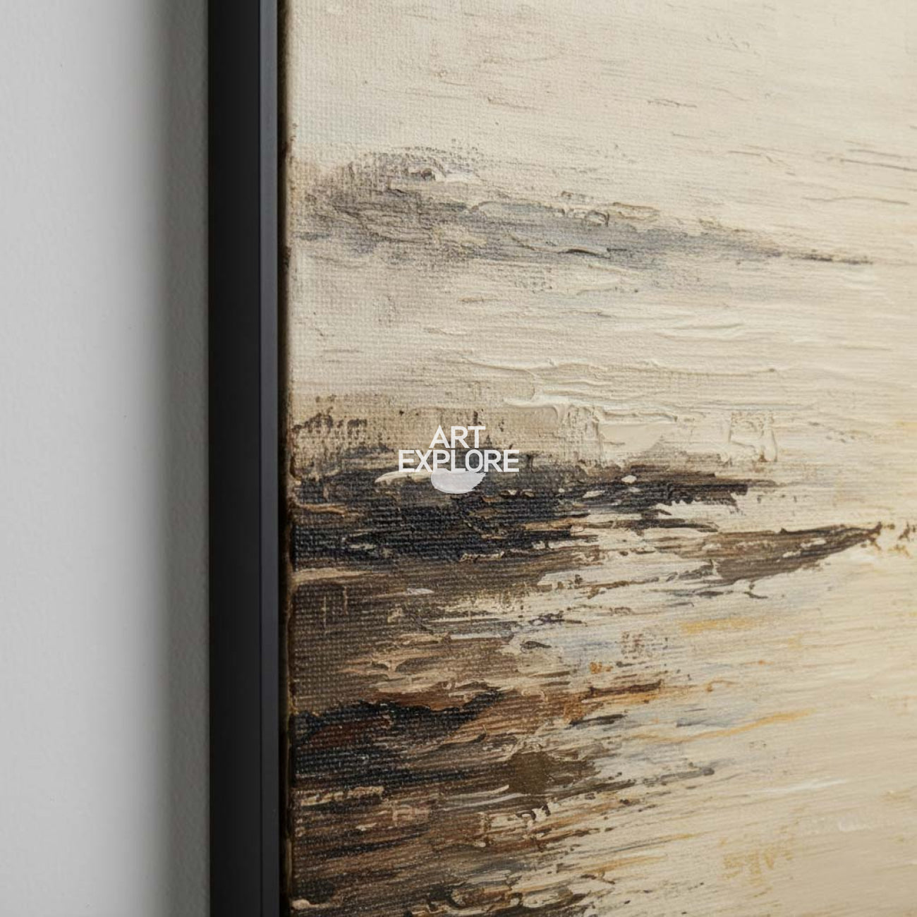 Large Beige Lake View Wall Art, Minimalist Handmade Oil Painting Livingroom Wall Art | ArtExplore