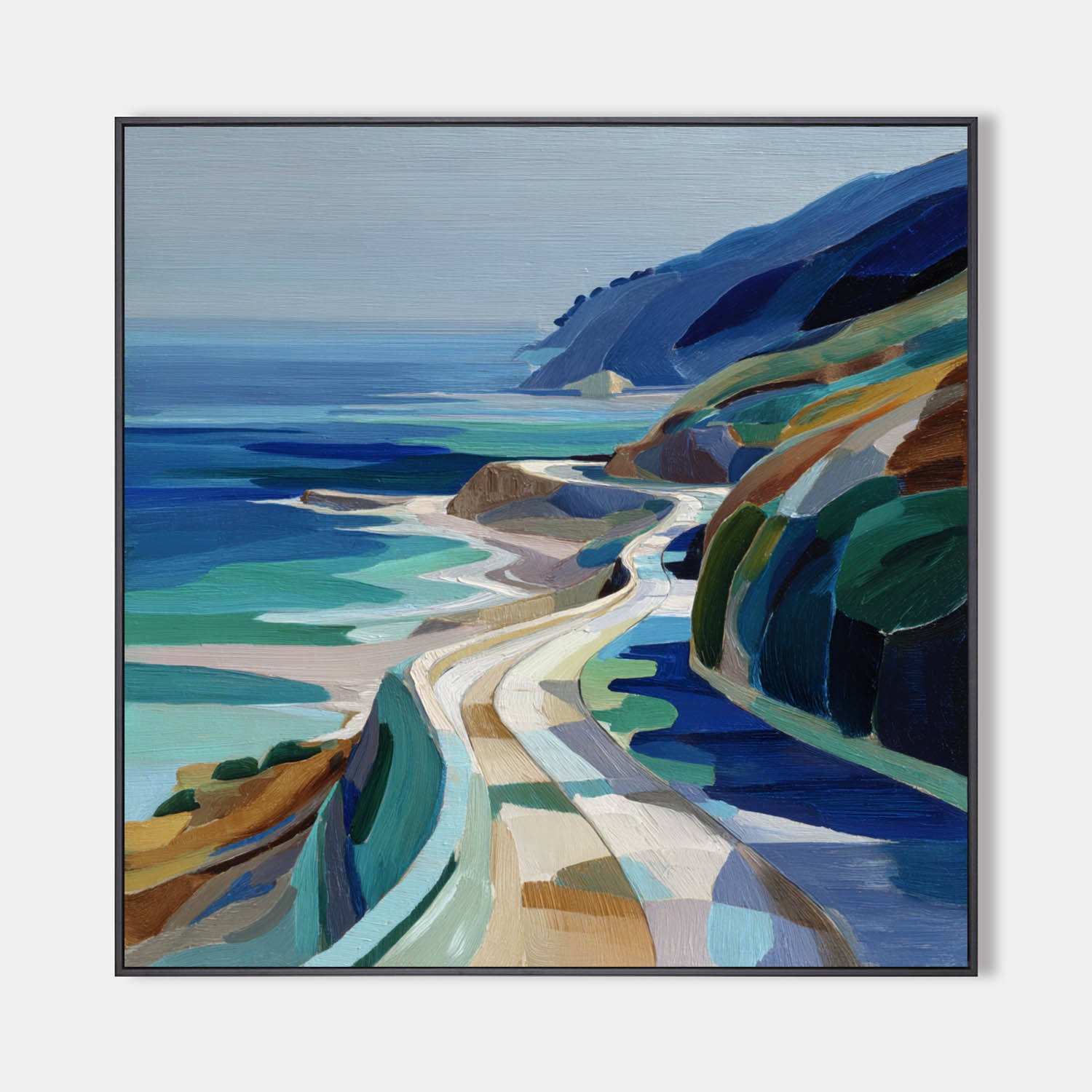 Large Blue Coastal Painting Blue Green Hand-Painted Landscape Textured Artworks, ArtExplore Painting