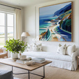 Large Blue Coastal Painting Blue Green Hand-Painted Landscape Textured Artworks For Livingroom ArtExplore