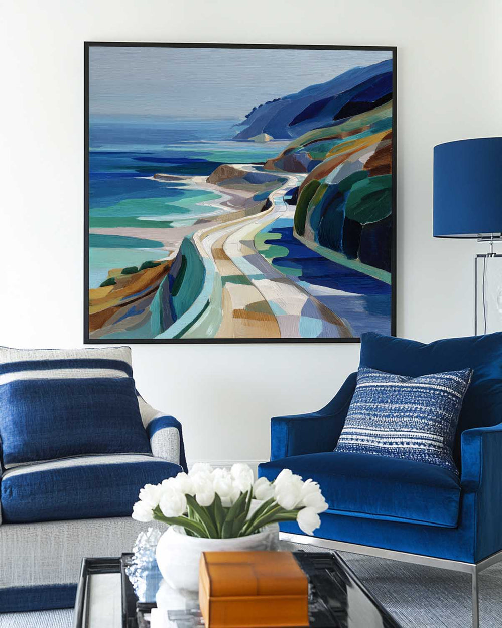 Large Blue Coastal Painting Blue Green Hand-Painted Landscape Textured Artworks For Livingroom, ArtExplore