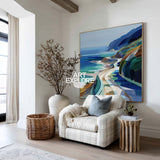 Large Blue Coastal Painting Blue Green Hand-Painted Landscape Textured Artworks For Lounge, ArtExplore