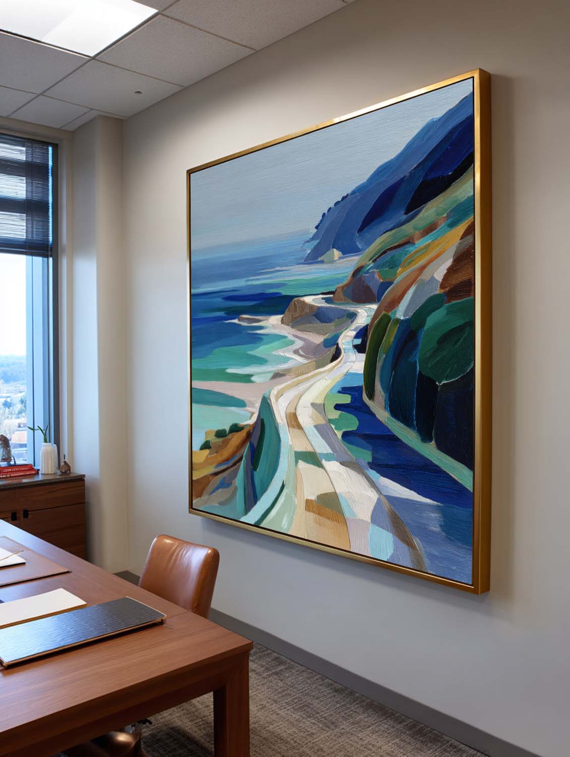 Large Blue Coastal Painting Blue Green Hand-Painted Landscape Textured Artworks, ArtExplore Painting