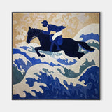 Large Blue Horse Racing Art | Minimalist Textured Oil Painting Livingroom Wall Art | ArtExplore