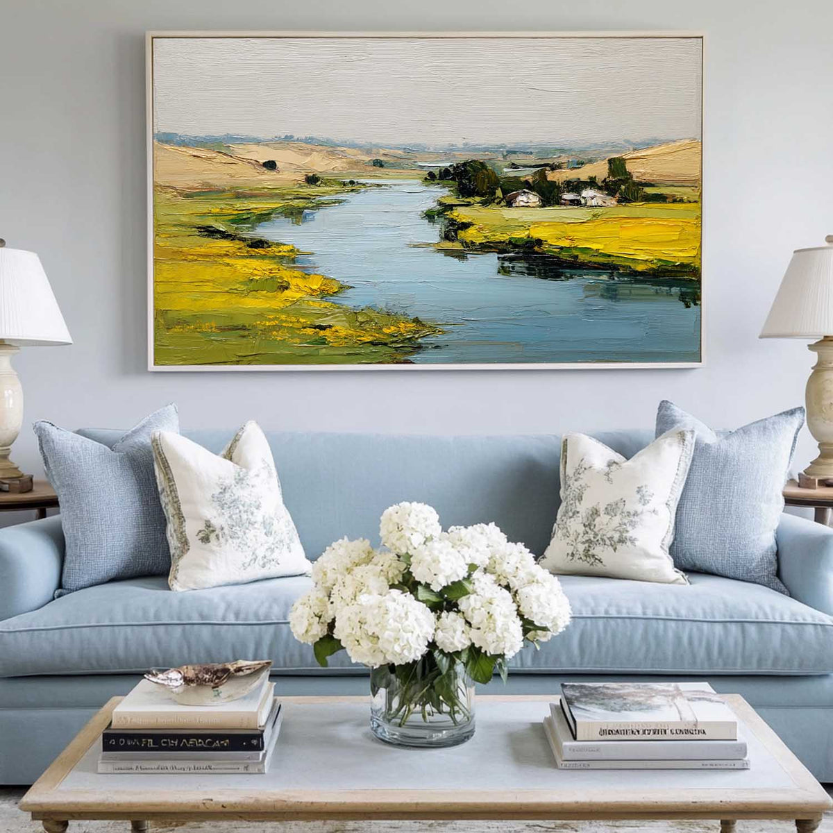 Large Blue Lake Painting Blue Lake View Canvas Art Modern Blue Textured Landscape Wall Art For Sale