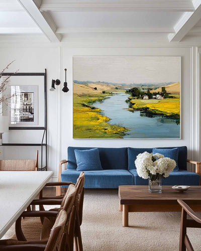 Large Blue Lake Painting Blue Lake View Canvas Art Modern Blue Textured Landscape Wall Art For Sale