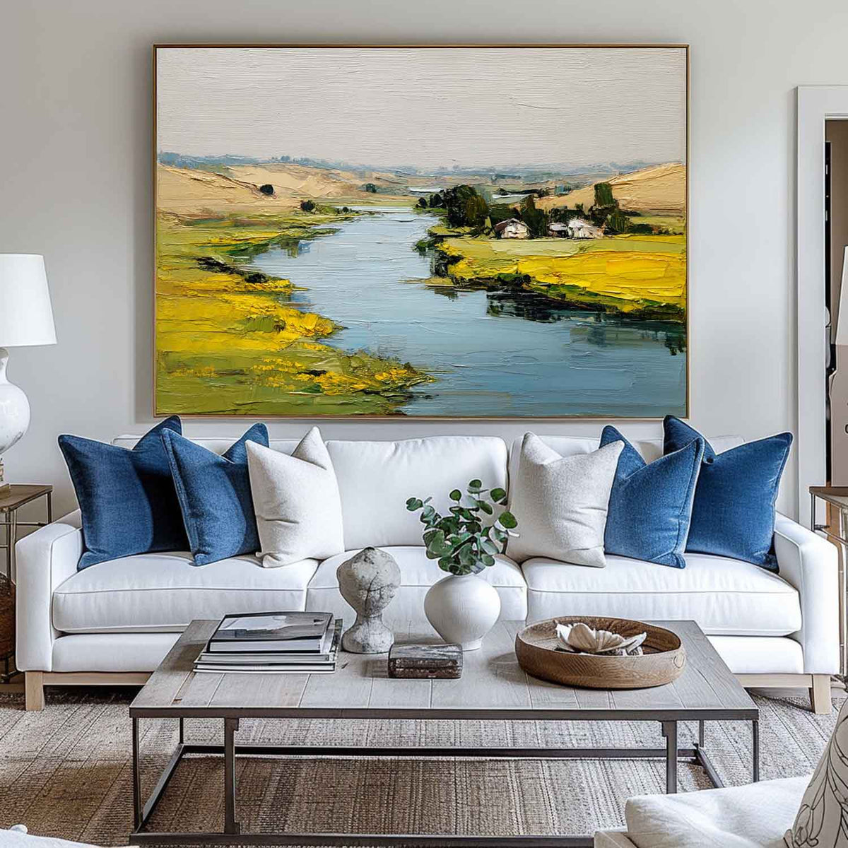 Large Blue Lake Painting Blue Lake View Canvas Art Modern Blue Textured Landscape Wall Art For Sale