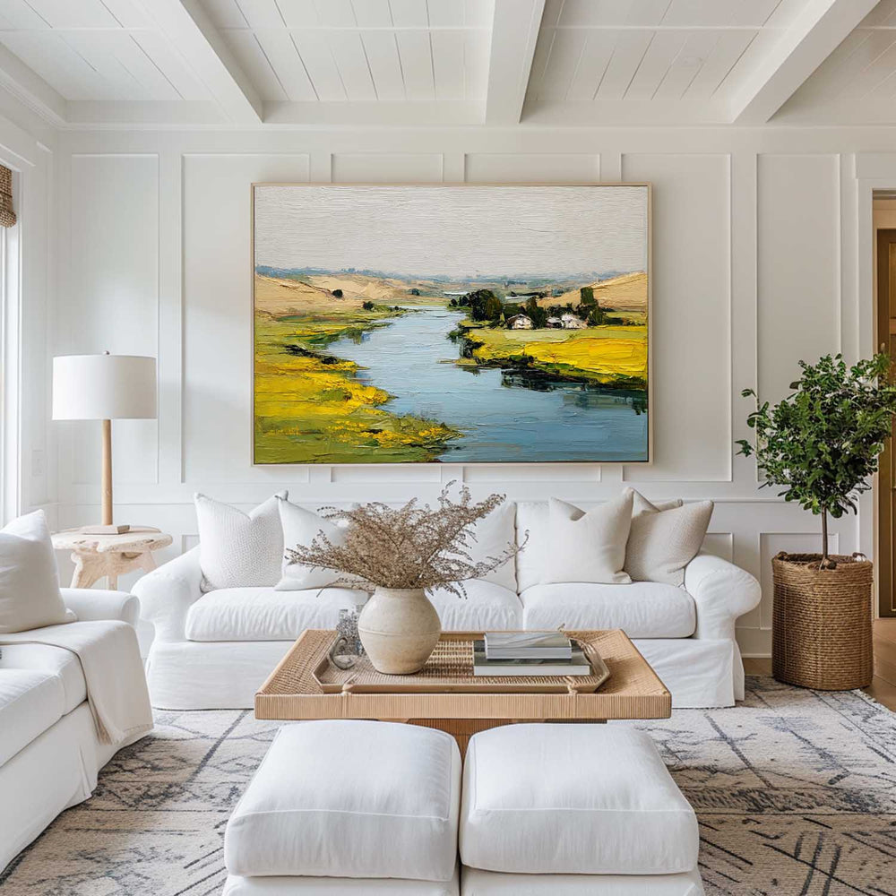 Large Blue Lake Painting Blue Lake View Canvas Art Modern Blue Textured Landscape Wall Art For Sale