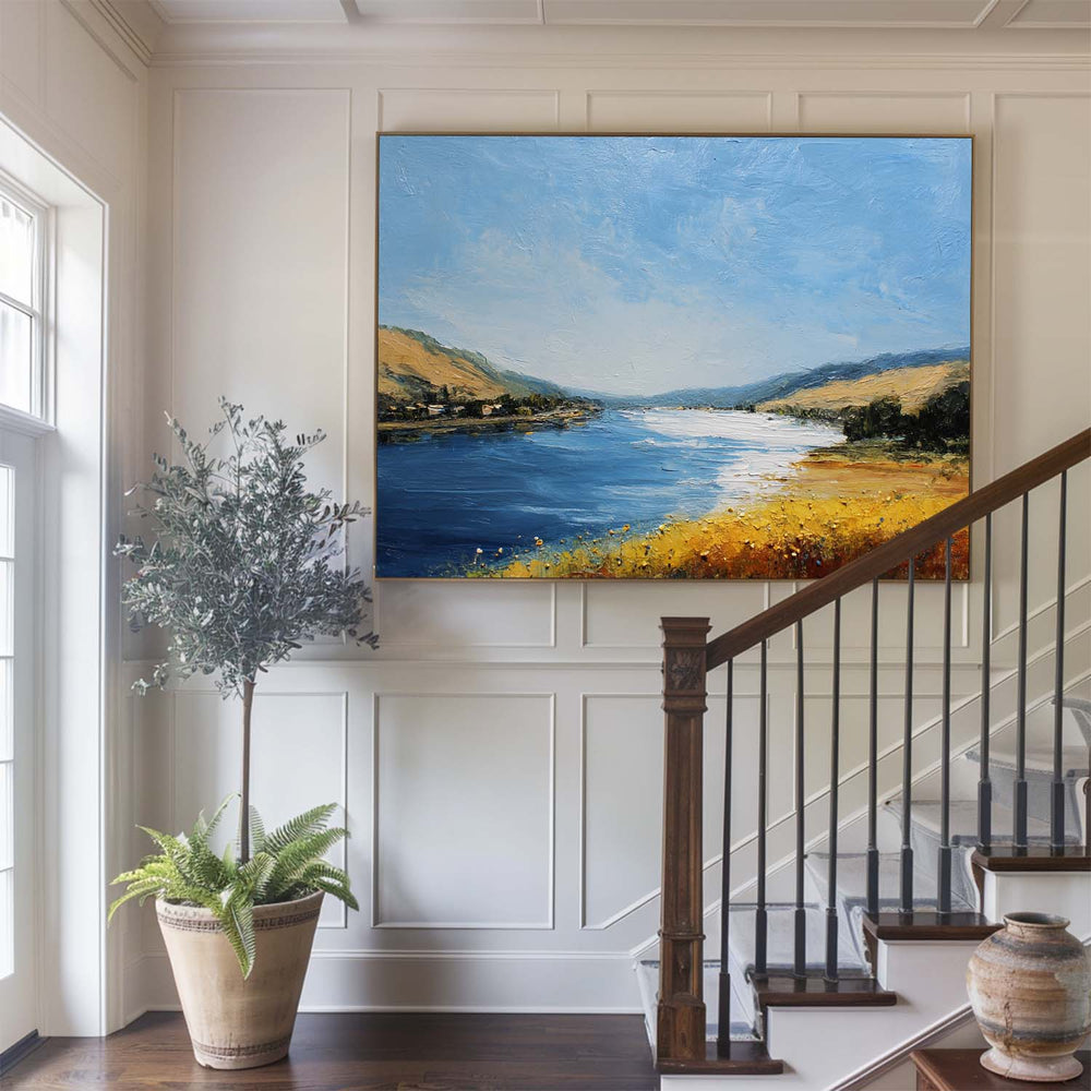 Large Blue Lake View Oil Painting Lake Textured Canvas Art Modern Blue Abstract Landscape Wall Art