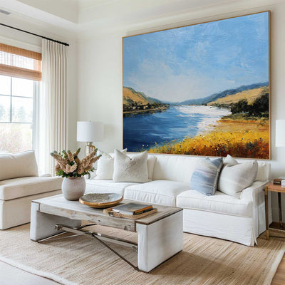 Large Blue Lake View Oil Painting Lake Textured Canvas Art Modern Blue Abstract Landscape Wall Art