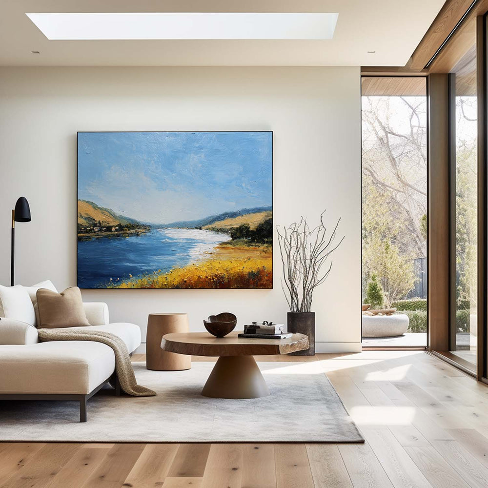 Large Blue Lake View Oil Painting Lake Textured Canvas Art Modern Blue Abstract Landscape Wall Art