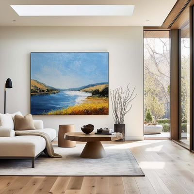 Large Blue Lake View Oil Painting Lake Textured Canvas Art Modern Blue Abstract Landscape Wall Art