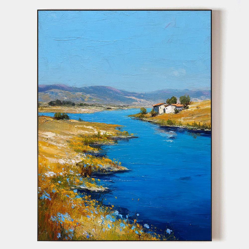 Large Blue Lake View Painting Modern Blue Landscape Wall Art Lake Impressionist Texture Wall Art