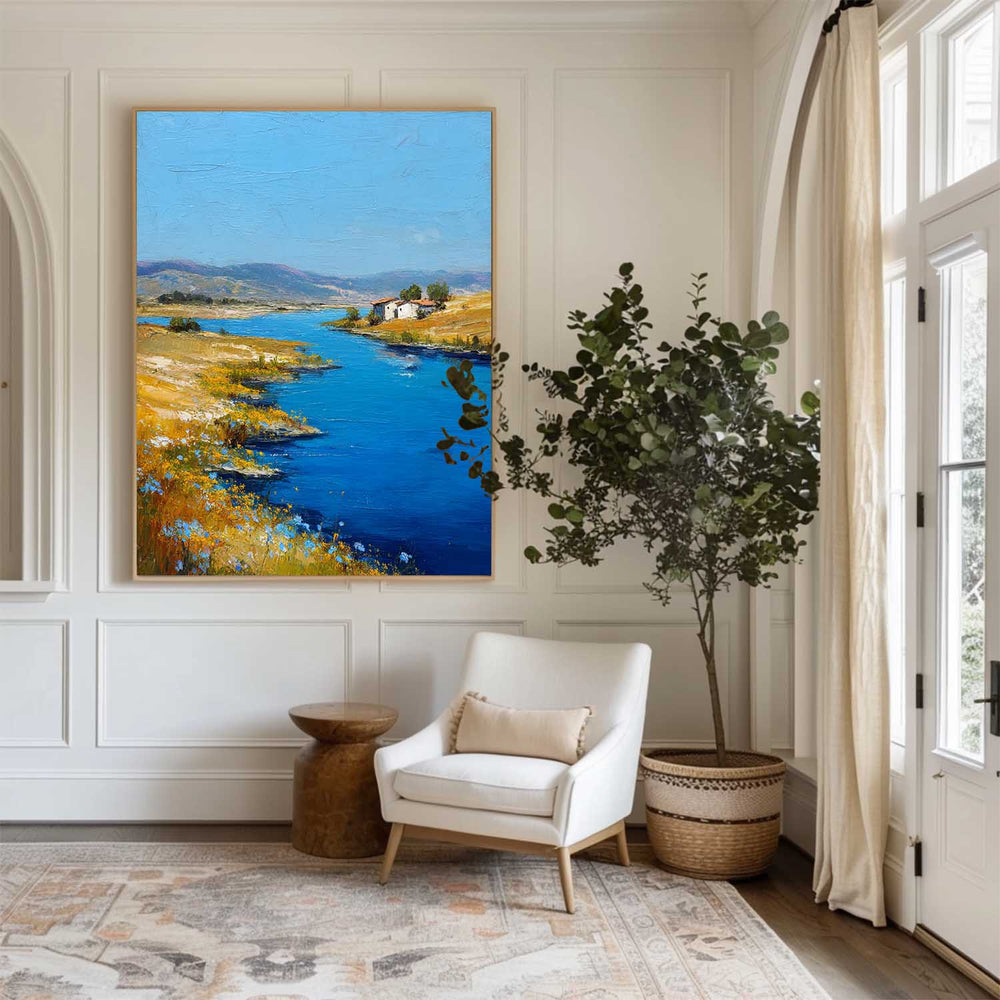 Large Blue Lake View Painting Modern Blue Landscape Wall Art Lake Impressionist Texture Wall Art