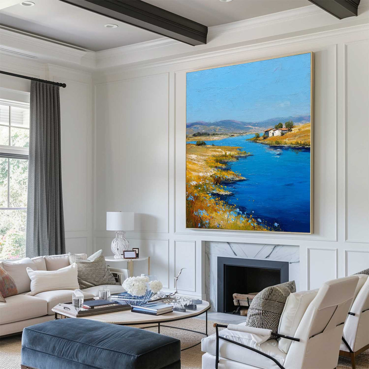 Large Blue Lake View Painting Modern Blue Landscape Wall Art Lake Impressionist Texture Wall Art