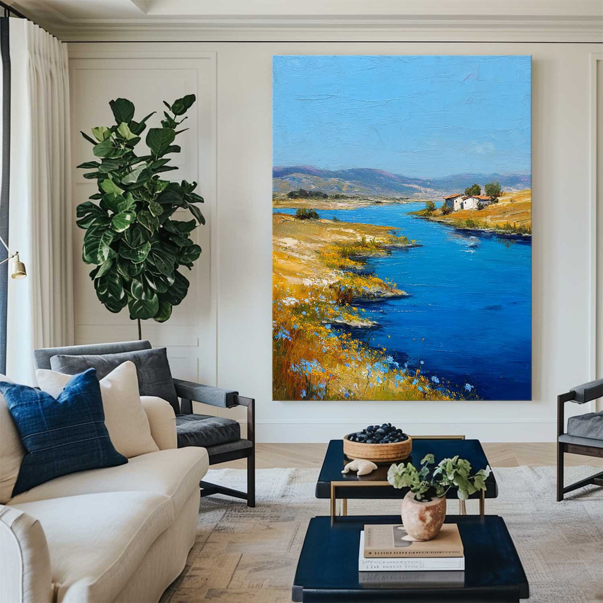 Large Blue Lake View Painting Modern Blue Landscape Wall Art Lake Impressionist Texture Wall Art