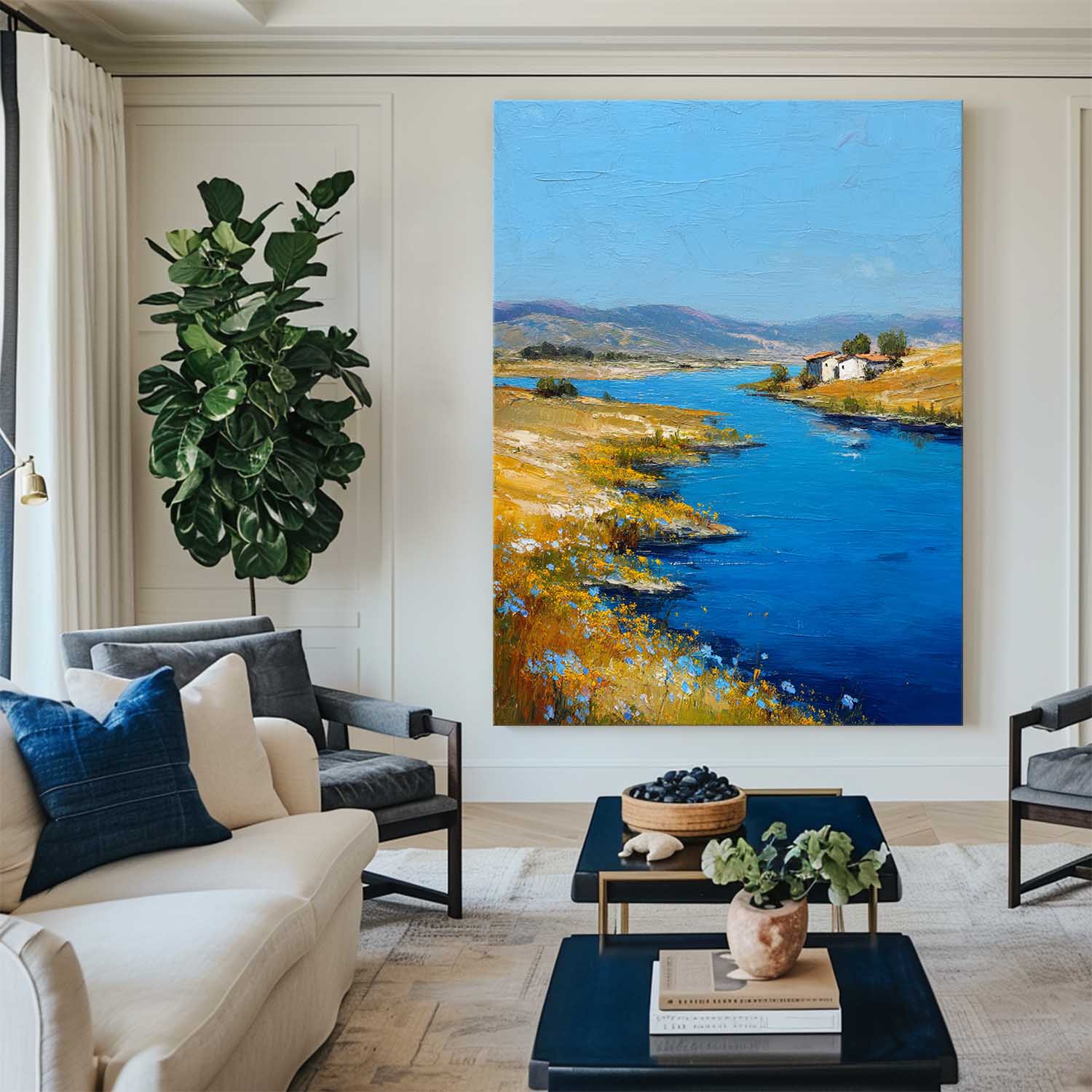 Large Blue Lake View Painting Modern Blue Landscape Wall Art Lake Impressionist Texture Wall Art