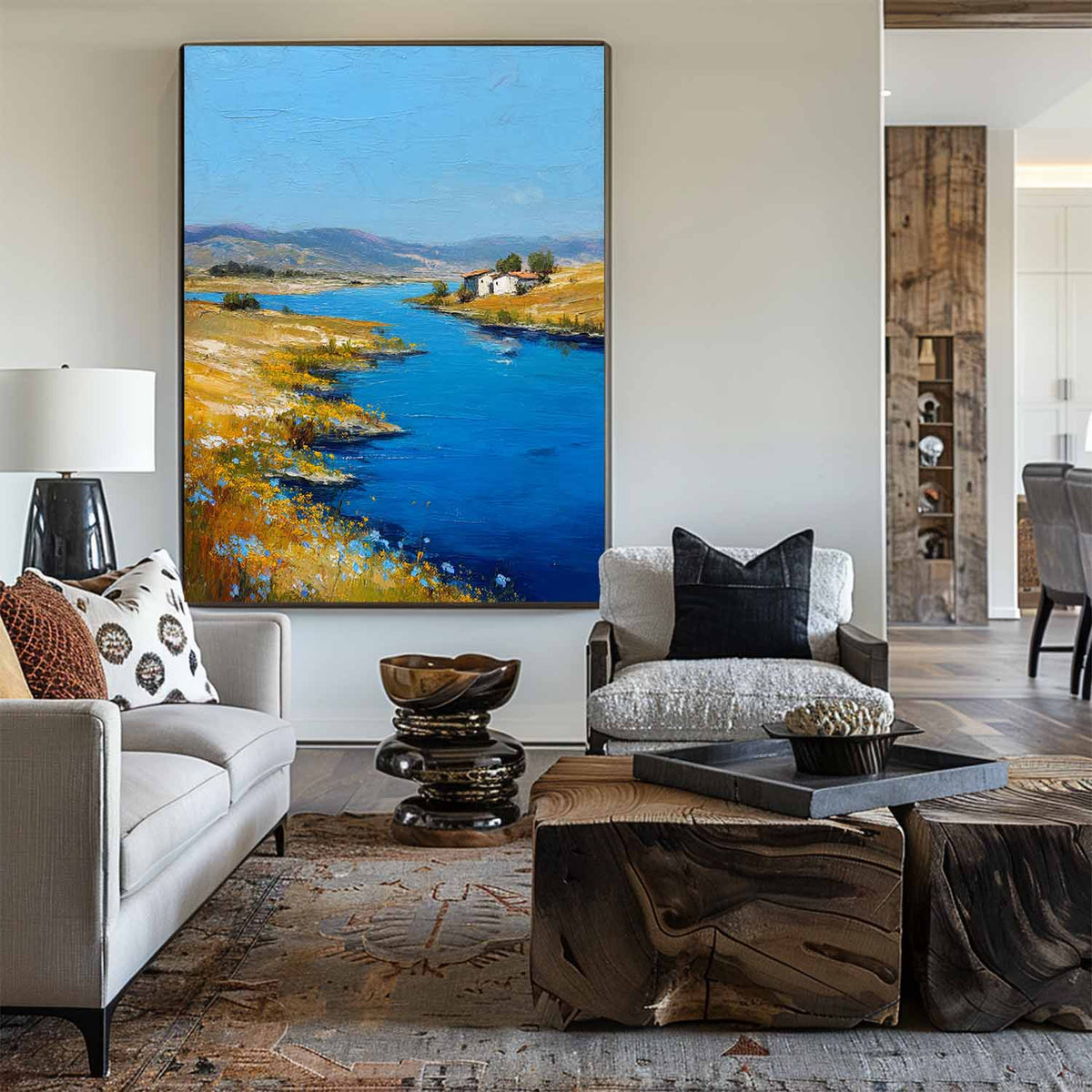 Large Blue Lake View Painting Modern Blue Landscape Wall Art Lake Impressionist Texture Wall Art