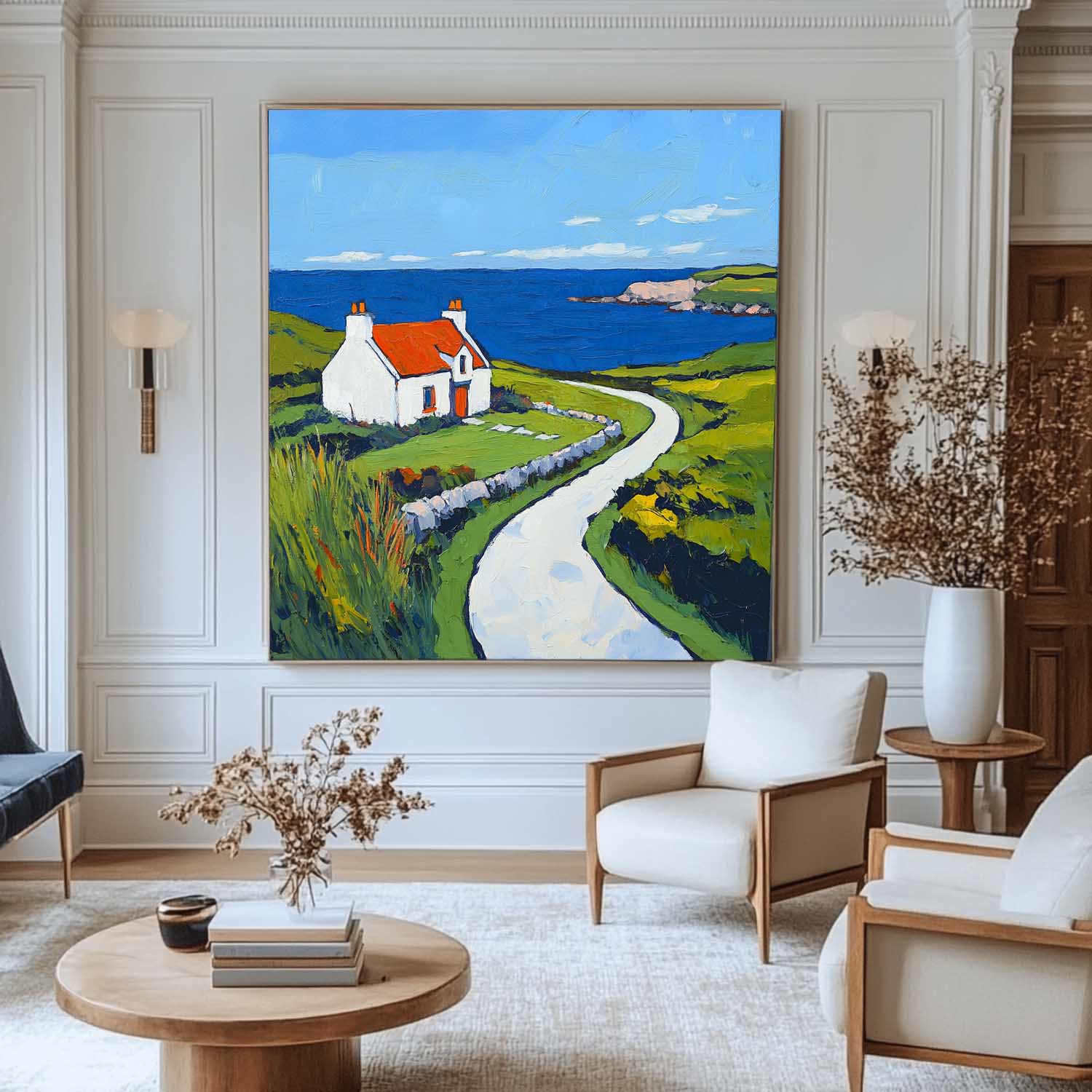 Large Blue Landscape Wall Art Modern Countryside View Textured Wall Art Landscape Painting For Sale