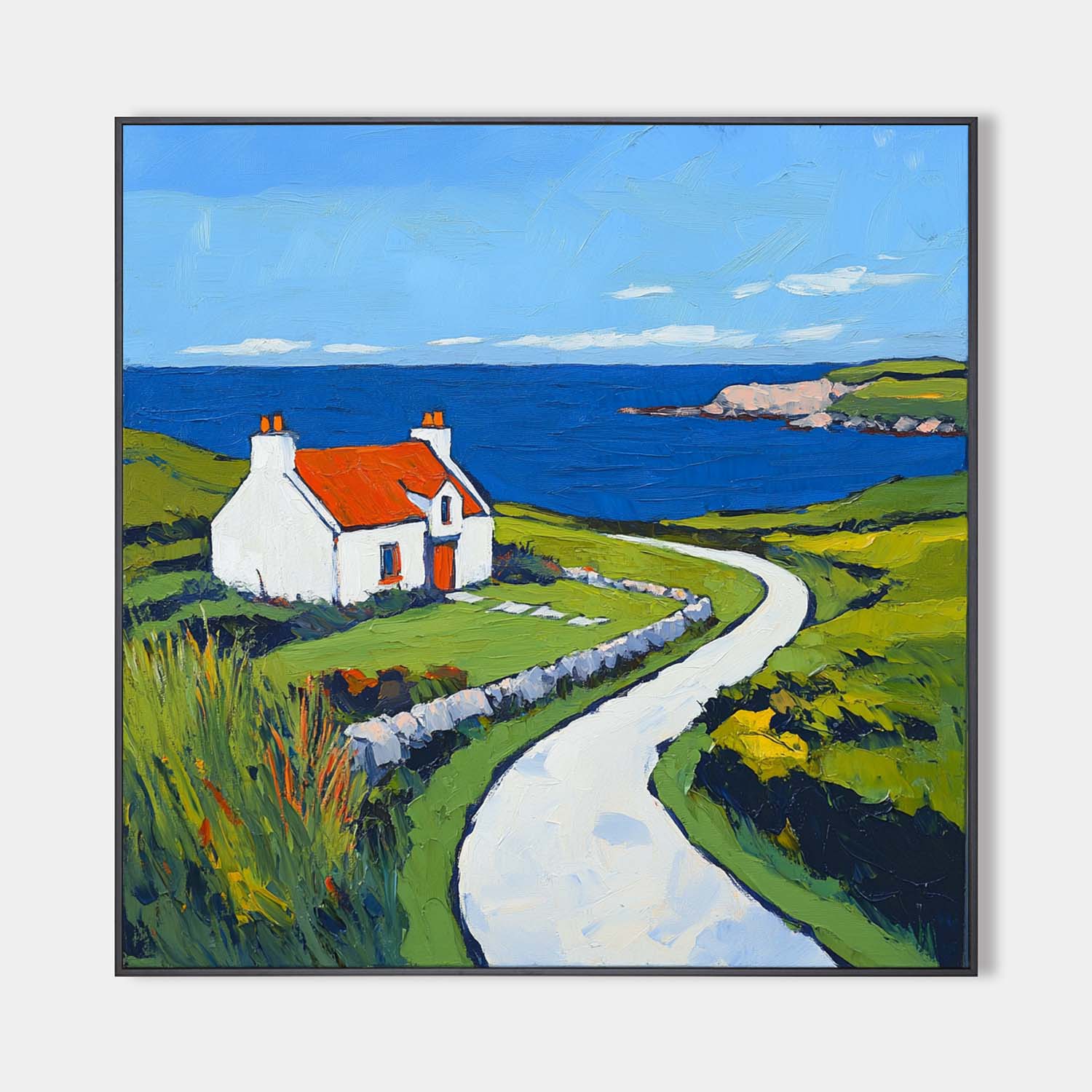 Large Blue Landscape Wall Art Modern Countryside View Textured Wall Art Landscape Painting For Sale