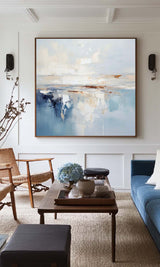 Modern Blue Palette Knife Painting For Livingroom Minimalist Wall Art Blue And White Framed Painting