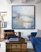 Large Blue Palette Knife Painting Minimalist Wall Art Blue And White Texture Painting For Sale