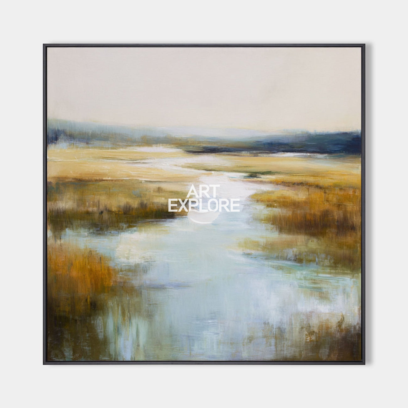 Large Blue River Landscape Textured Oil Painting Square Canvas Art | ArtExplore