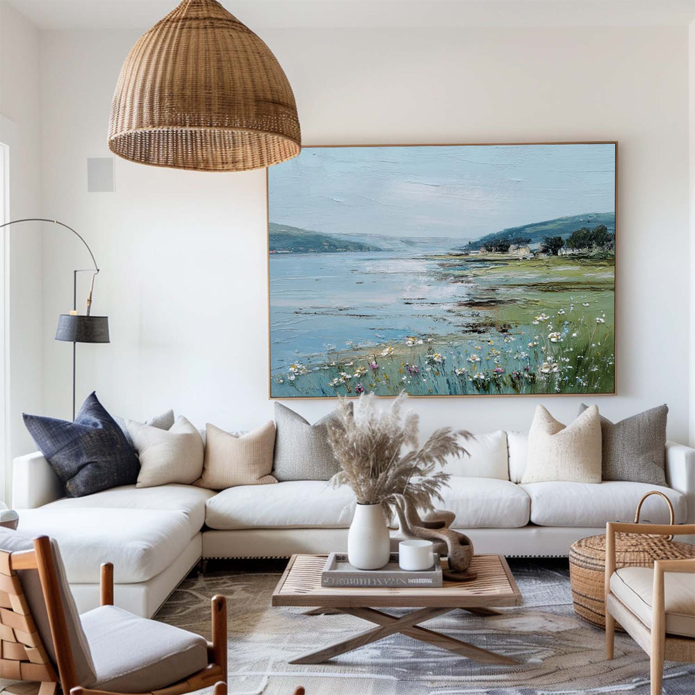 Large Blue Scenery Oil Painting Blue Lake Textured Wall Art Modern Blue Landscape Wall Art For Sale