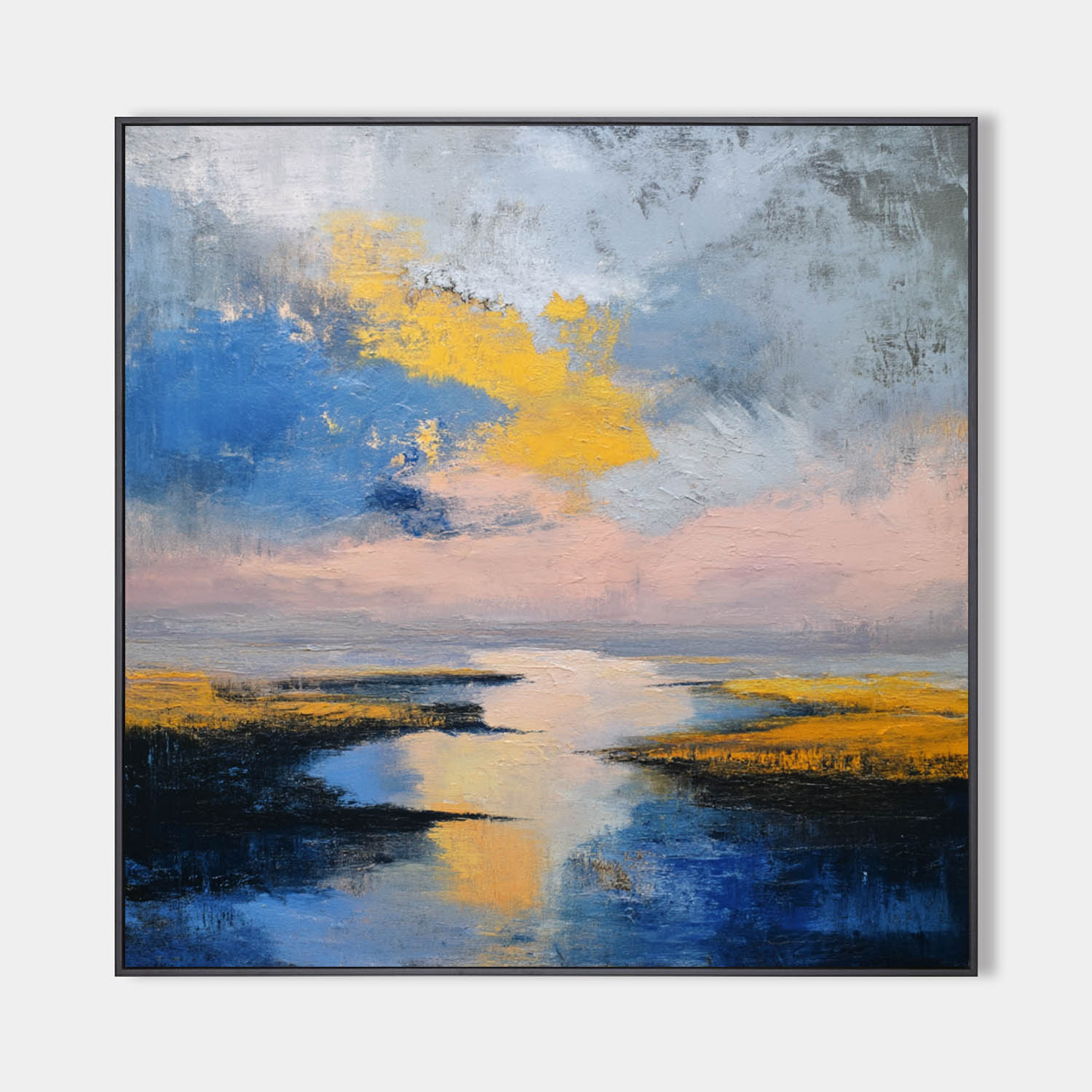Large Blue Sea and Sunset Oil Painting Blue Seaside Textured Wall Art Modern Blue Abstract Fine Art