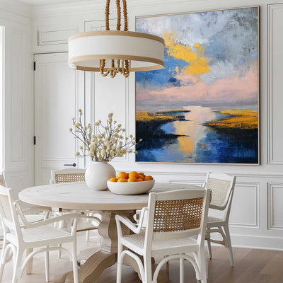 Large Blue Sea and Sunset Oil Painting Blue Seaside Textured Wall Art Modern Blue Abstract Fine Art