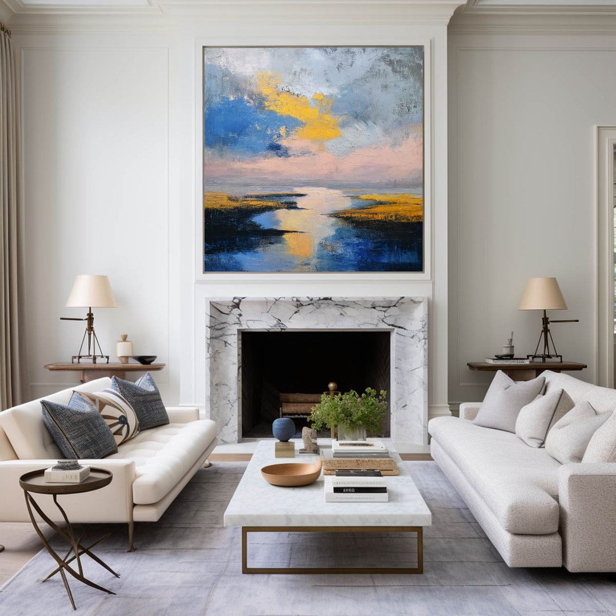 Large Blue Sea and Sunset Oil Painting Blue Seaside Textured Wall Art Modern Blue Abstract Fine Art