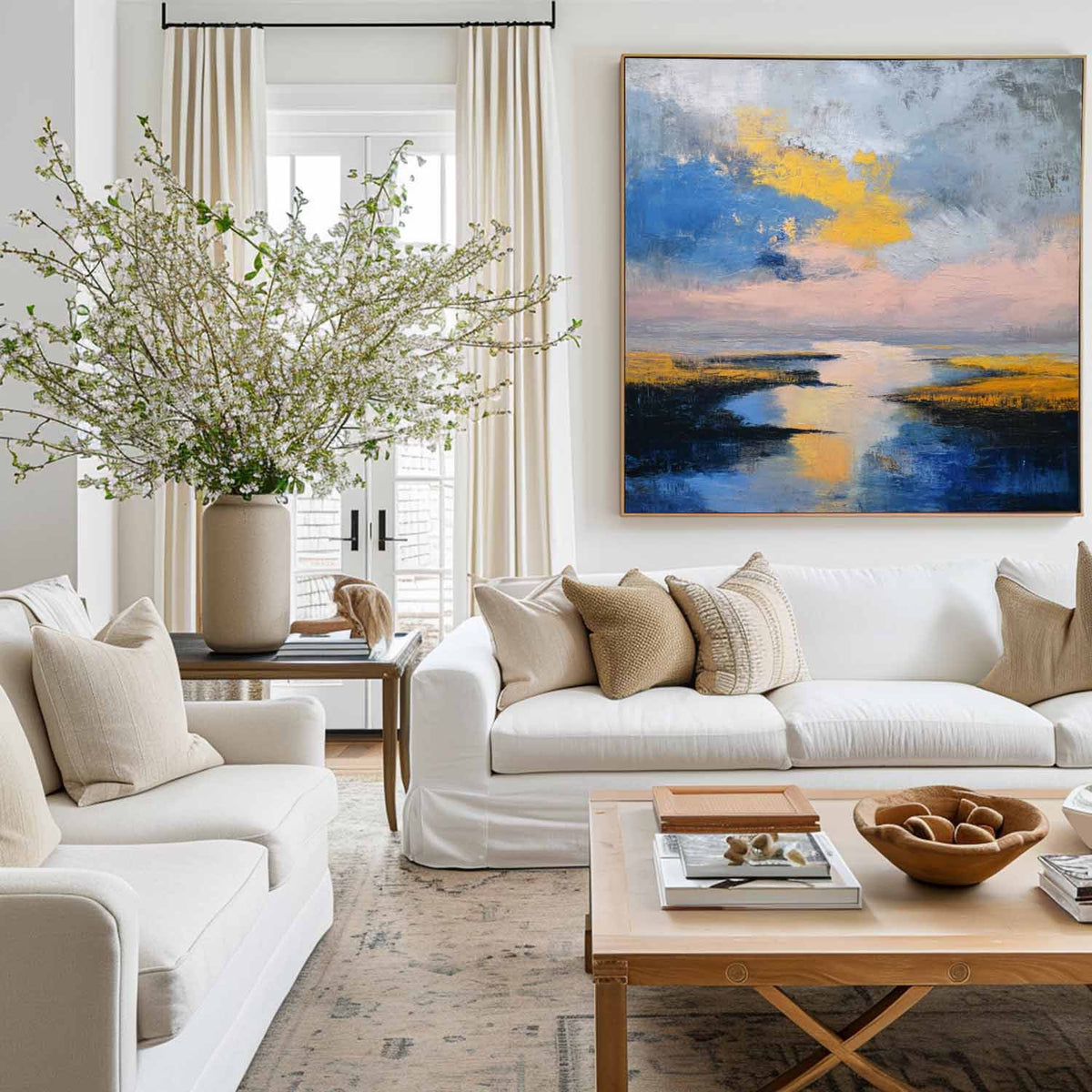 Large Blue Sea and Sunset Oil Painting Blue Seaside Textured Wall Art Modern Blue Abstract Fine Art