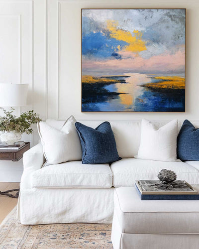Large Blue Sea and Sunset Oil Painting Blue Seaside Textured Wall Art Modern Blue Abstract Fine Art