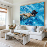 Blue Swimming Artwork Swimming Man Texture Painting Large Swim Wall Art Modern Blue Swimming Wal Art