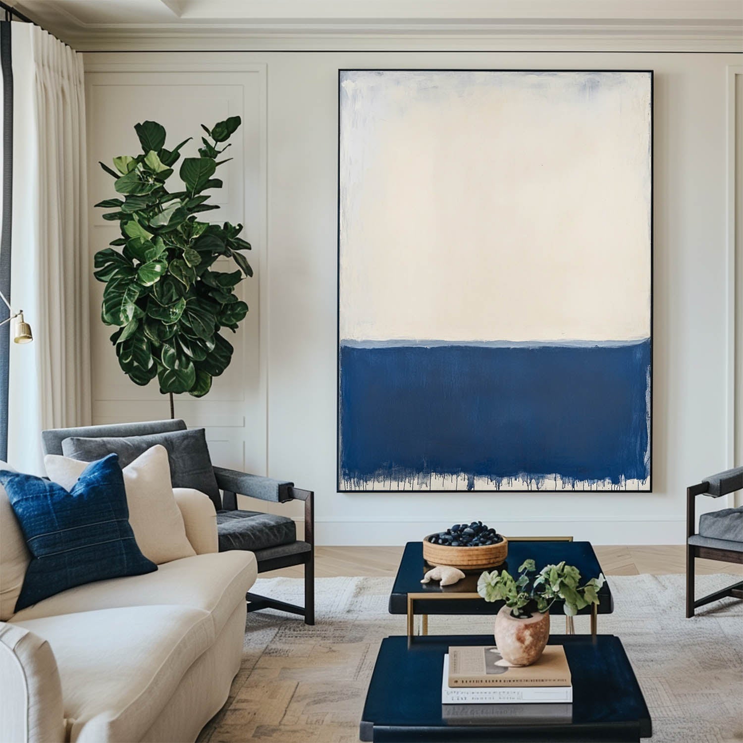 Large Blue White Painting Blue Texture Art Painting Wabi-sabi Wall Art Minimalist Canvas Wall Art